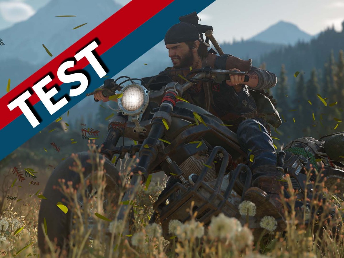 Ein Bild aus Days Gone mit rot-blauem Banner.