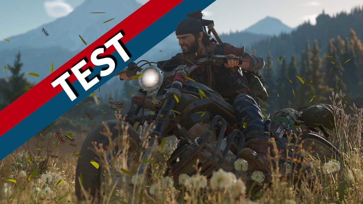 Ein Bild aus Days Gone mit rot-blauem Banner.