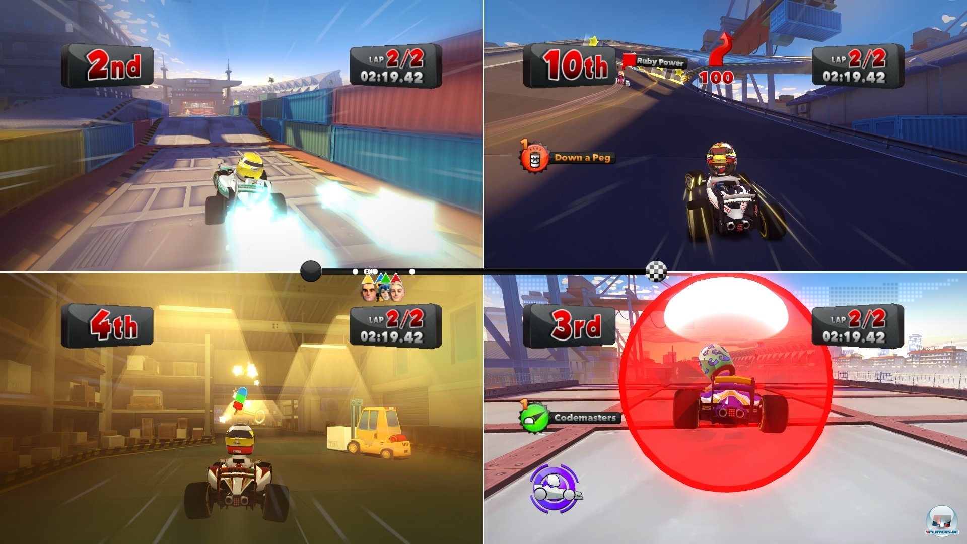 Das Rasen im Splitscreen ist auf den Konsolen nur mit gedrosselter Bildrate möglich. Das Rasen im Splitscreen ist auf den Konsolen nur mit gedrosselter Bildrate möglich.
