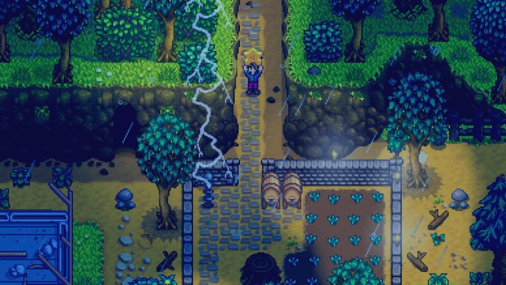 Screenshot aus Stardew Valley: Ein Gewitter auf der Farm