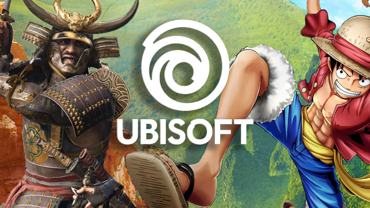 Der spielbare Samurai aus Assassin's Creed Shadows und ein ikonischer Charakter aus der Strohhut-Bande von One Piece, treffen auf das Ubisoft-Logo.