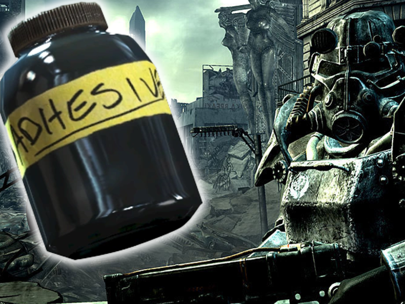 Ein Mitglied der Stählernen Bruderschaft, gekleidet in einen Power-Anzug. Daneben: Das Bild des in Fallout 4 sehr nützlichen Gegenstands 
