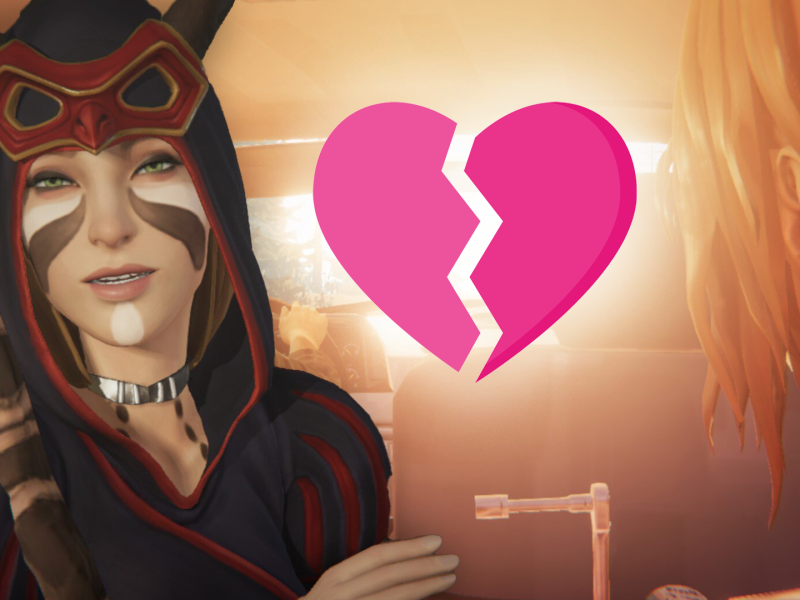 Links im Bild: Die fiktive Figur aus den Computerspielen der Life is Strange-Reihe. Recht daneben: ein zerbrochenes Herz.