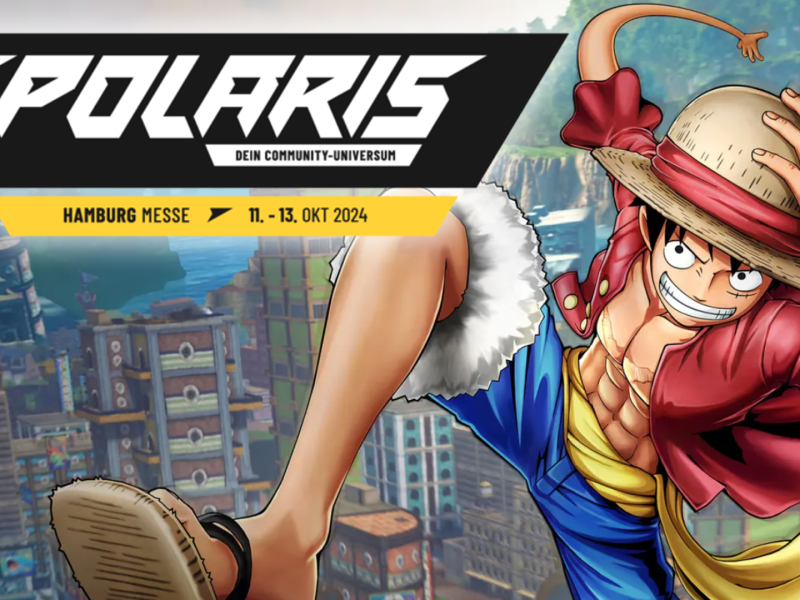 Rechts im Bild: einer der ikonischen Strohhut-TrÃ¤ger aus One Piece. Links im Bild: informativer Banner zur Polaris Convention.