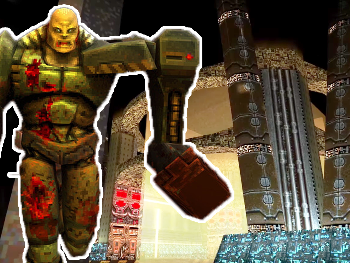 Im Bild: Ein Gegner aus Quake 2 vor einem Szenenbild aus Quake 2 PSX-Remake.