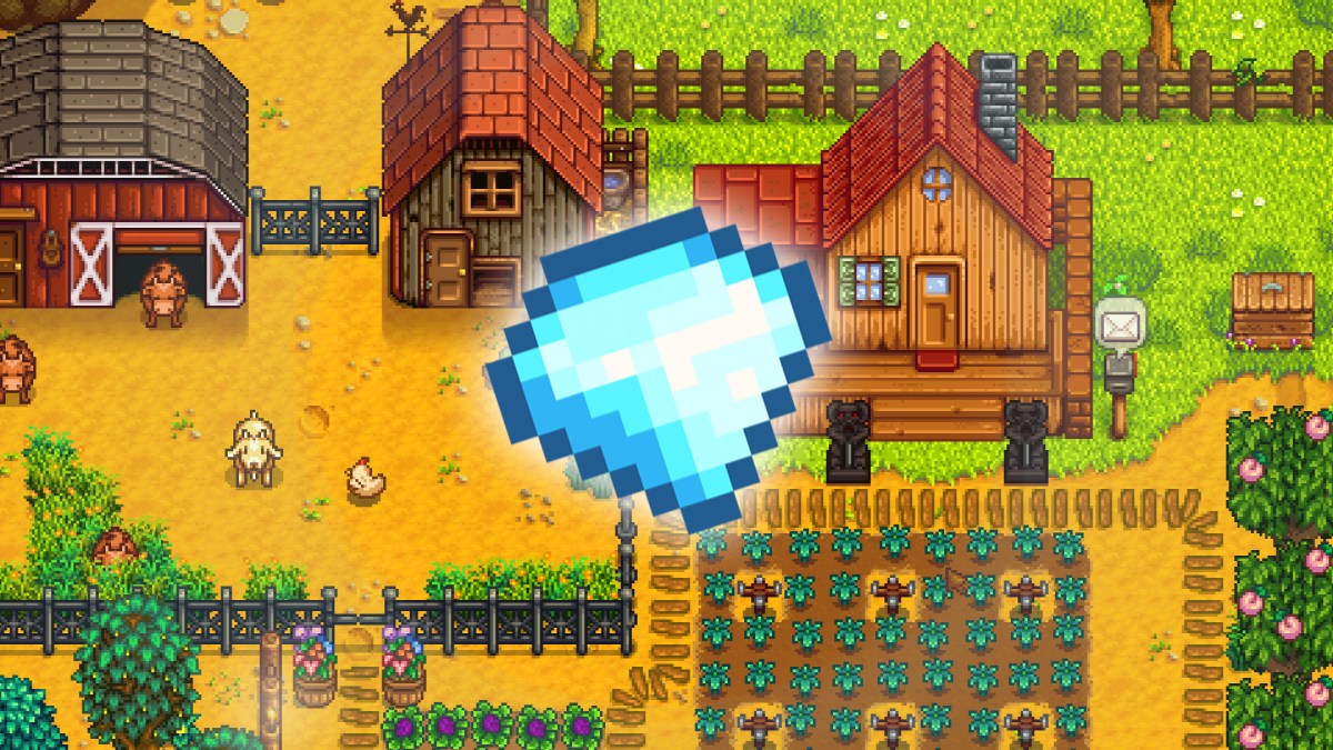 Ein Screenshot der Farm in Stardew Valley und im Vordergrund ein Diamant