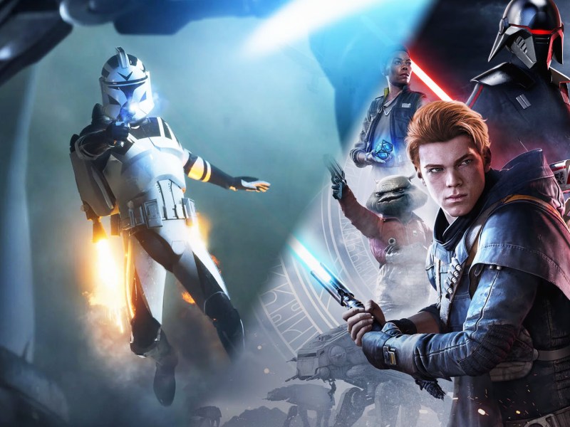 Screenshot-Collage aus Star Wars: Battlefront 2 und Star Wars Jedi: Fallen Order. Zu sehen ist links ein Raketen-Truppler, wÃ¤hrend rechts das Ensemble von Fallen Order aufschaut.