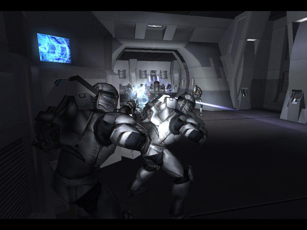 Screenshot aus dem Spiel Star Wars Republic Commando. Zu sehen ist ein Gefecht mit den titelgebenden Klonkriegern.