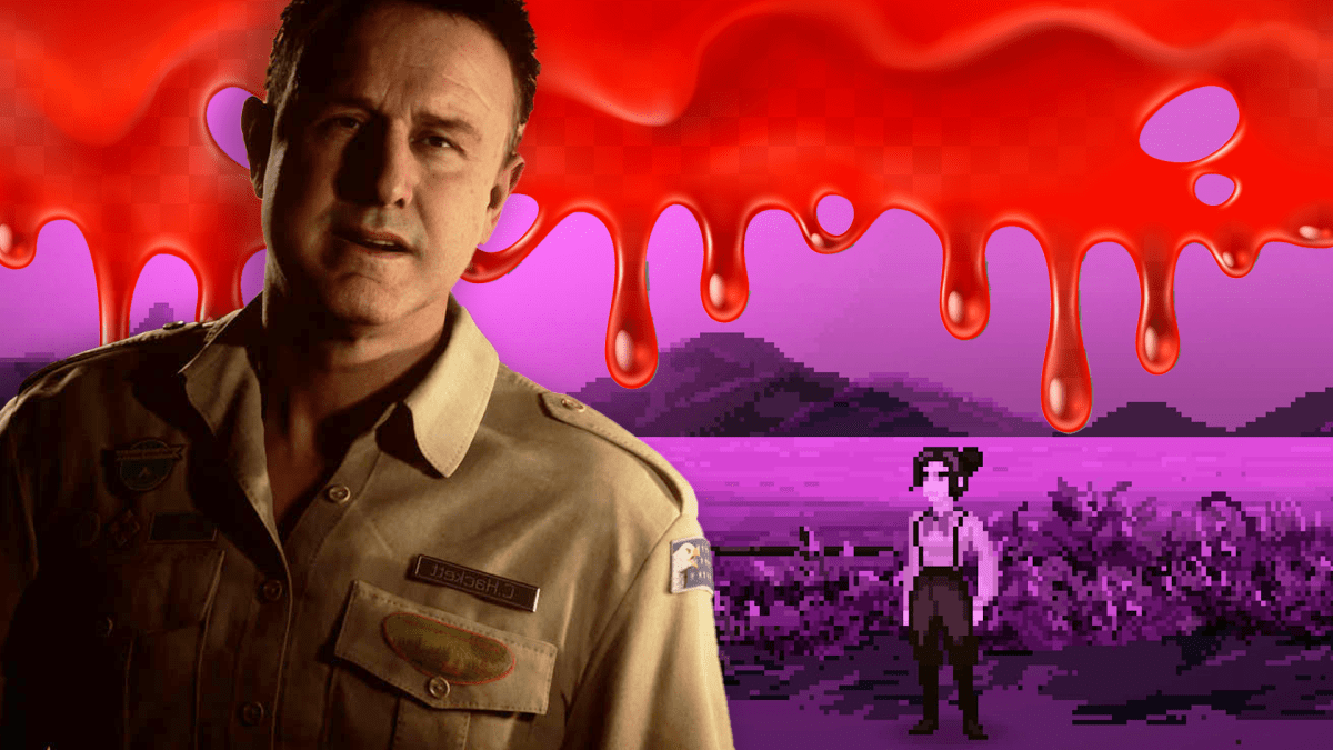 Im Bild: Schauspieler David Arquette aus dem Videospiel The Quarry. Dahinter: Eine Szene aus dem Spiel The Excavation of Hob's Barrow. Von oben läuft Blut ins Bild.