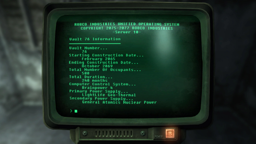 Im Bild: Ein Computer-Screen innerhalb des Videospiels Fallout 3, der Informationen zu Vault 76 zeigt.