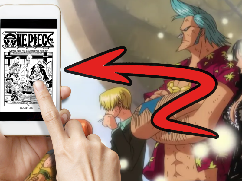 Ein Smartphone, auf dem die erste Seite eines One Piece-Mangas zu sehen ist.