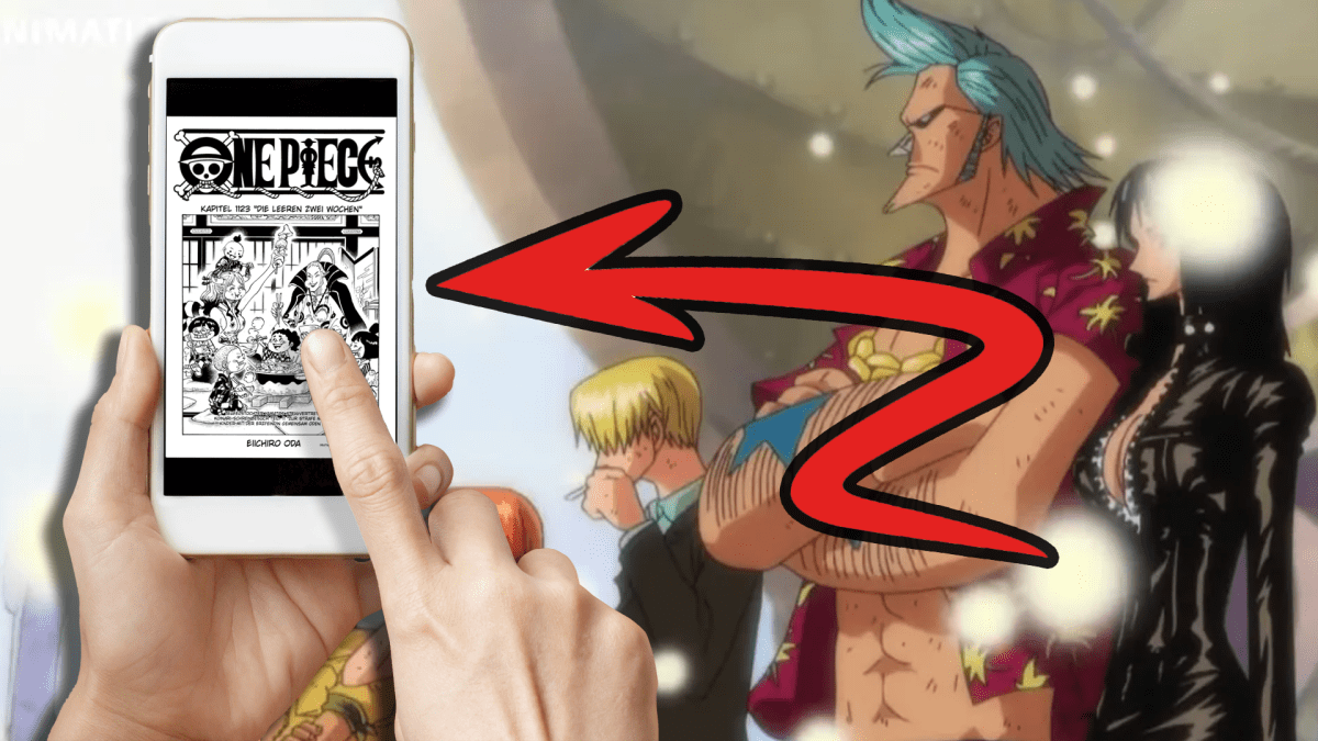 Ein Smartphone, auf dem die erste Seite eines One Piece-Mangas zu sehen ist.