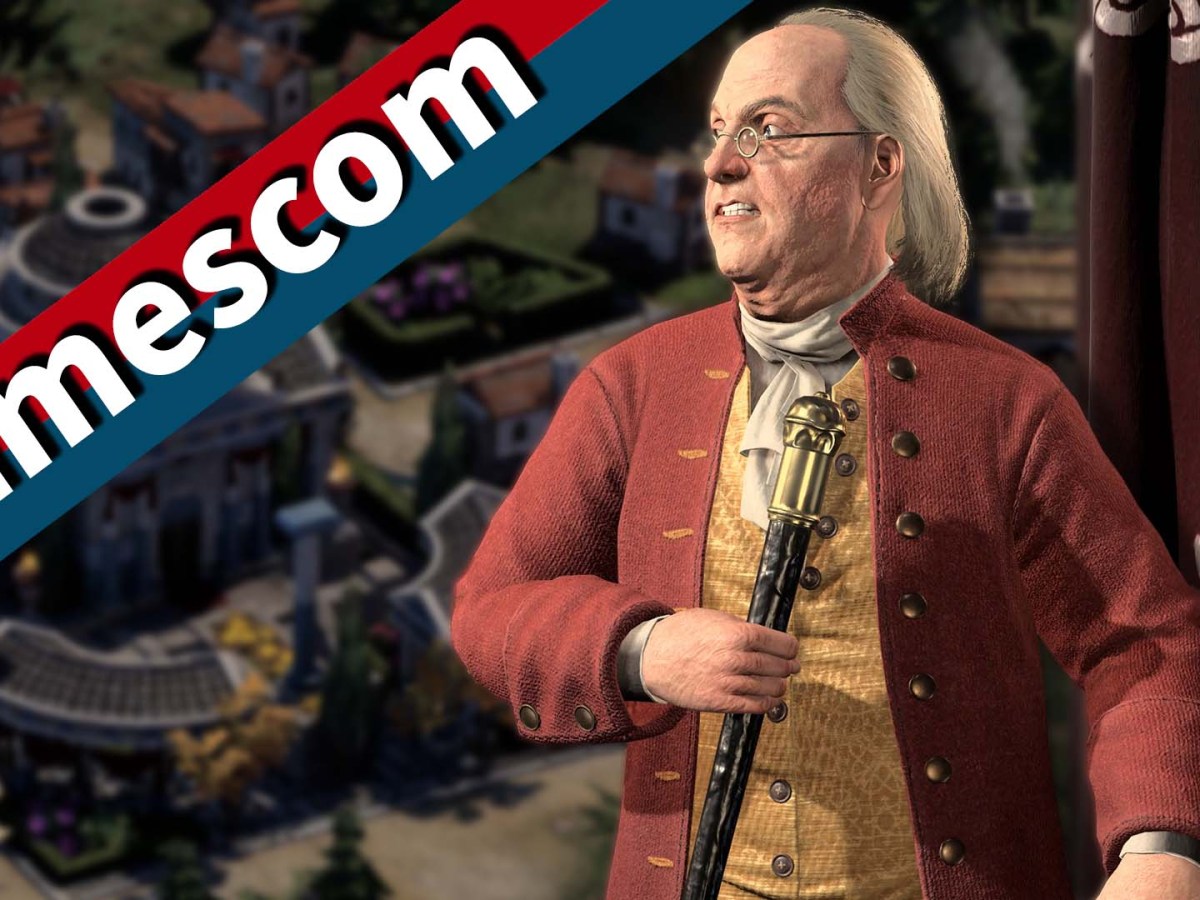 Benjamin Franklin aus Civilization 7 neben dem Schriftzug "gamescom".