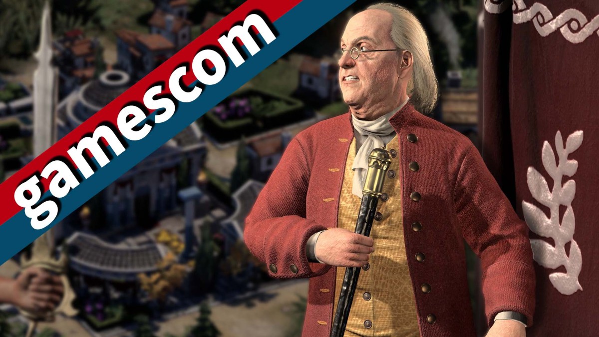 Benjamin Franklin aus Civilization 7 neben dem Schriftzug "gamescom".