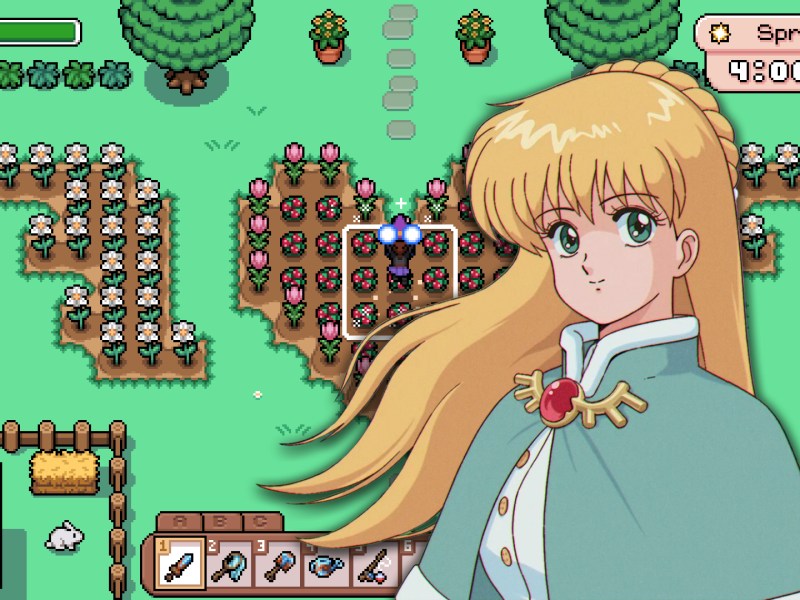 Screenshot zu Fields of Mistria und Bild eines weiblichen Charakters aus dem Spiel