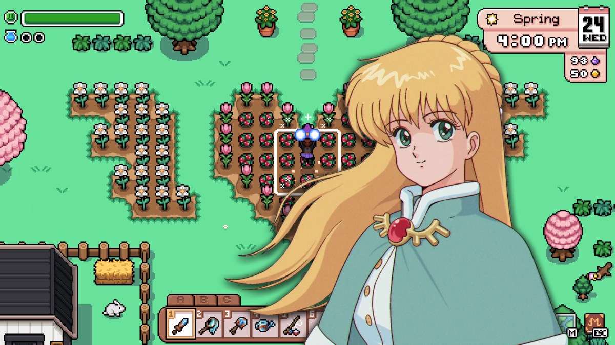 Screenshot zu Fields of Mistria und Bild eines weiblichen Charakters aus dem Spiel