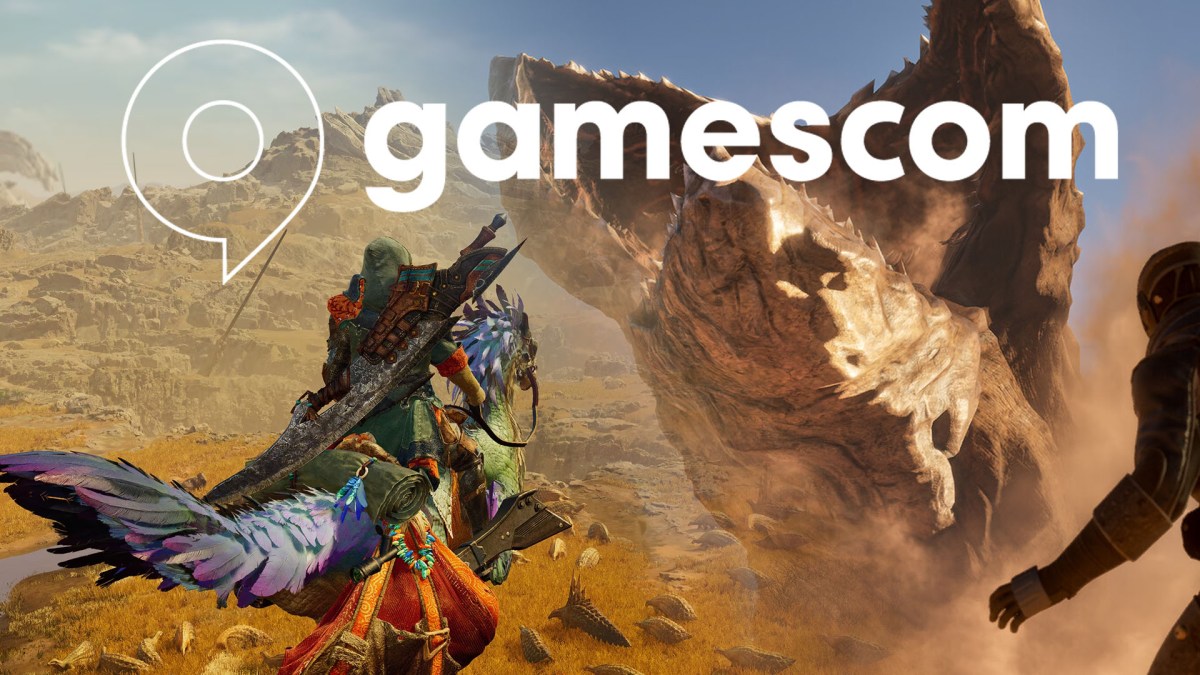 Screenshot-Collage bestehend aus Monster Hunter Wilds und Dune Awakening. DrÃ¼ber zu sehen ist das Logo der gamescom.