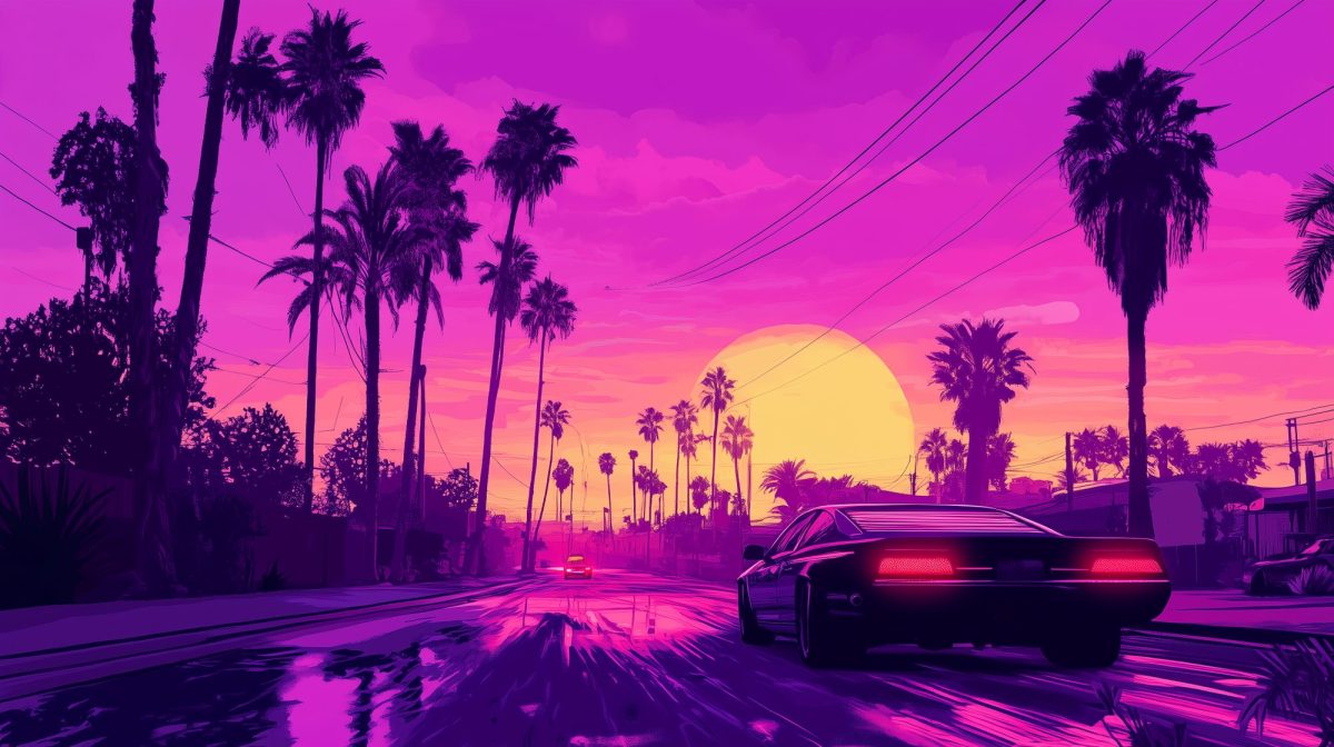 Eine Illustration im Stil der GTA-Spiele eines Sportwagens, der Richtung Sonnenuntergang fÃ¤hrt.