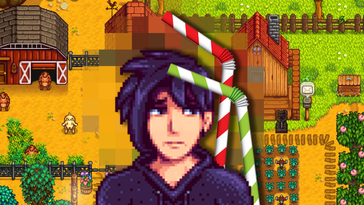 Sebastian aus Stardew Valley wird von zwei Strohhalmen bedrÃ¤ngt