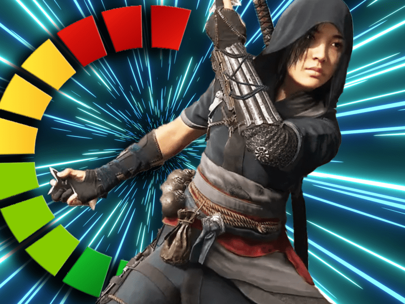 Eine Bildmontage, in deren Zentrum der weiblich gelesene, spielbare Charakter Naoe aus dem Computerspiel Assassin's Creed Shadows steht.