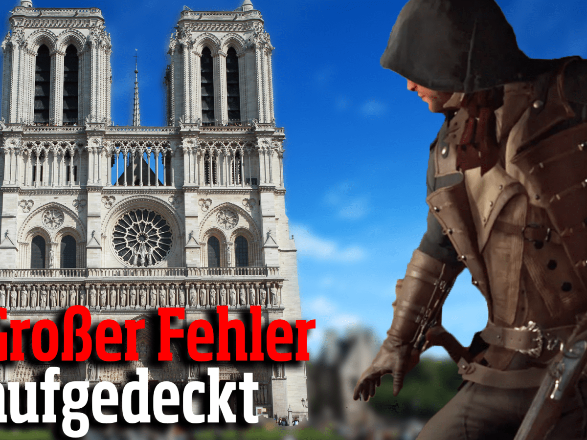 Eine Bildmontage, in deren Zentrum die Notre Dame-Kirche steht und ein Charakter aus dem Computerspiel Assassin's Creed Unity.