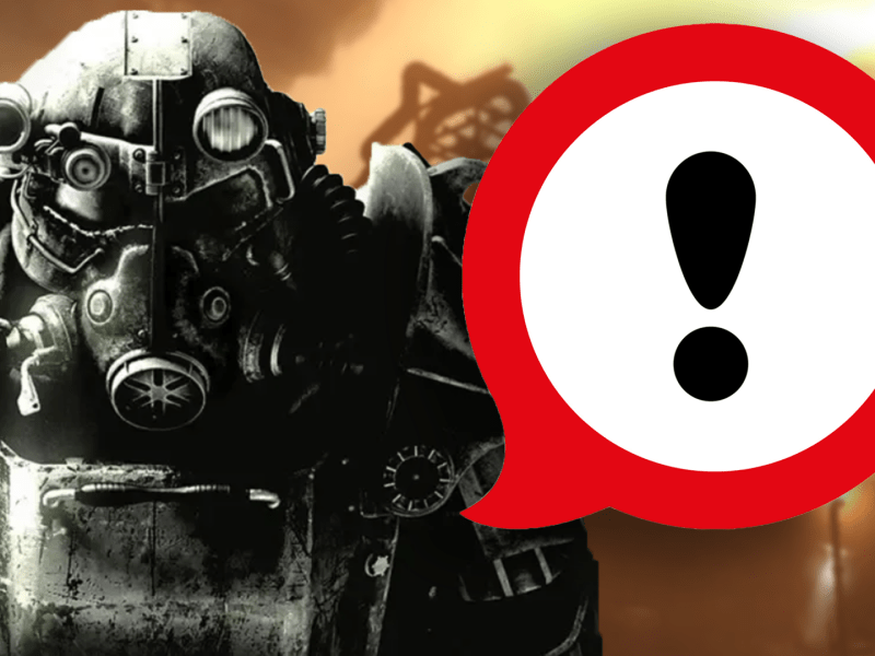 Fotomontage, in deren Zentrum ein Mitglied der Stählernen Bruderschaft gekleidet im Poweranzug aus den Fallout-Rollenspielen steht.