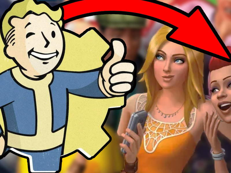 Photomontage aus dem ikonischen Vault Boy aus den Fallout-Spielen und den knuffigen Charakteren aus Die Sims 4