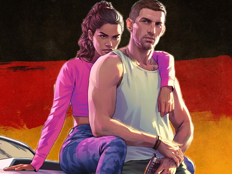 Fotomontage, bestehend aus den beiden Portagonisten Lucia und Jason aus GTA 6 - hinter den beiden befindet sich eine Deutschlandflagge.