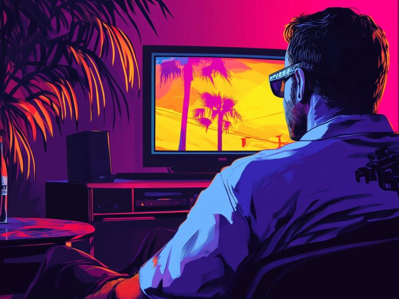 Eine Illustration im Stil von Grand Theft Auto eines Mannes mit Sonnenbrille, der ein Video auf seinem Computer anschaut.