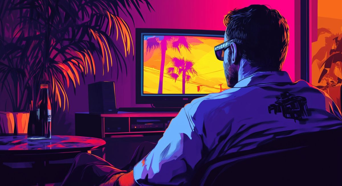 Eine Illustration im Stil von Grand Theft Auto eines Mannes mit Sonnenbrille, der ein Video auf seinem Computer anschaut.