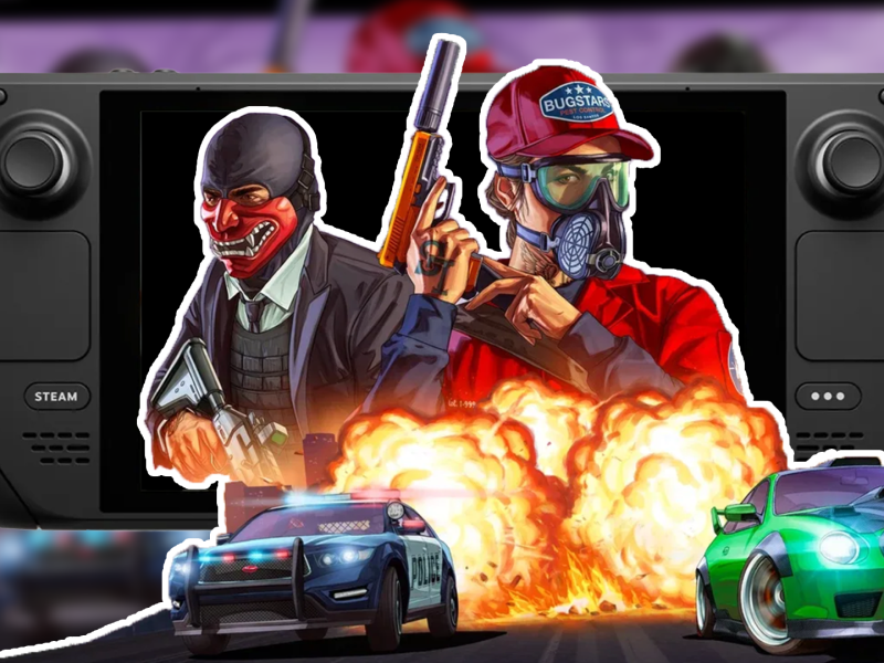 Eine Fotomontage, in deren Zentrum einige Charaktere aus dem Computerspiel GTA 5 stehen - respektive das Handheld Steam Deck von Valve.