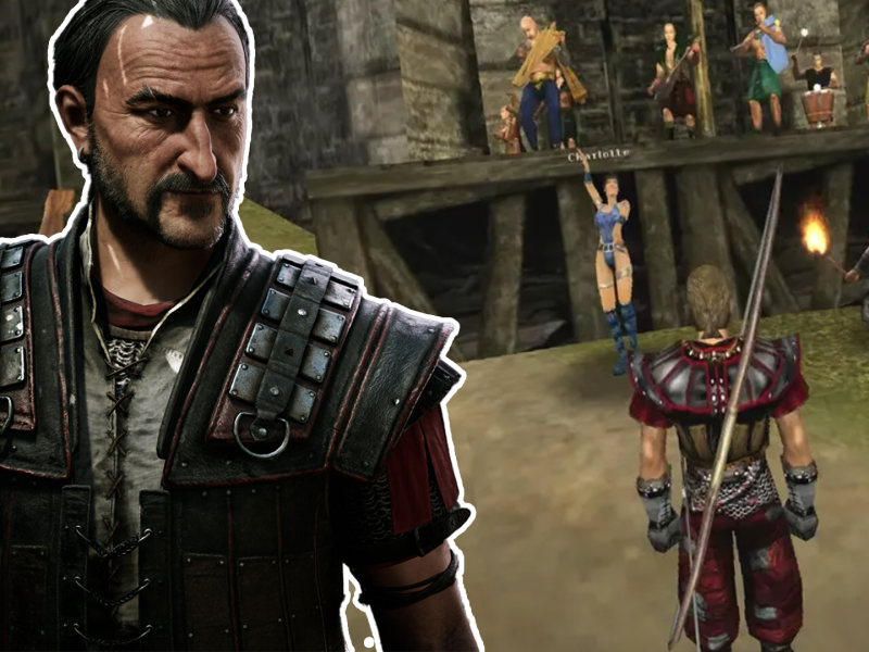 Ein Fotomontage des Nichtspielercharakters Diego aus Gothic Remake. Dahinter: Die Mittelalter-Rockband In Extremo, wie sie damals im originalen Gothic zu sehen (und zu hören) war.