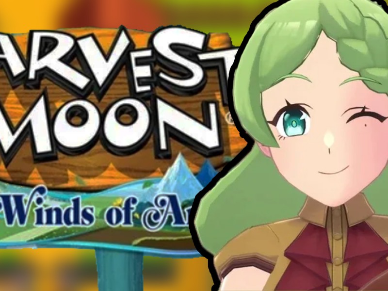 Eine Fotomontage, in deren Zentrum ein weiblich gelesener Charakter aus dem Cozy Game Harvest Moon: The Winds of Anthos steht.