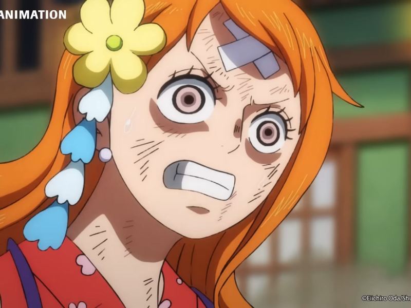 Nami aus One Piece mit einem verzweifelten Gesichtsausdruck.