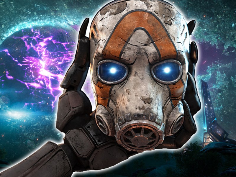 Screenshot-Montage aus Borderlands 4. Im Vordergrund ist eine mechanische Hand mit Psycho-Maske zu sehen.