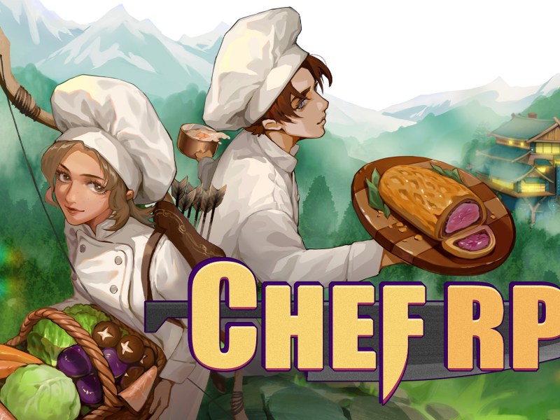 Ein Koch und eine KÃ¶chin neben dem Logo von Chef RPG