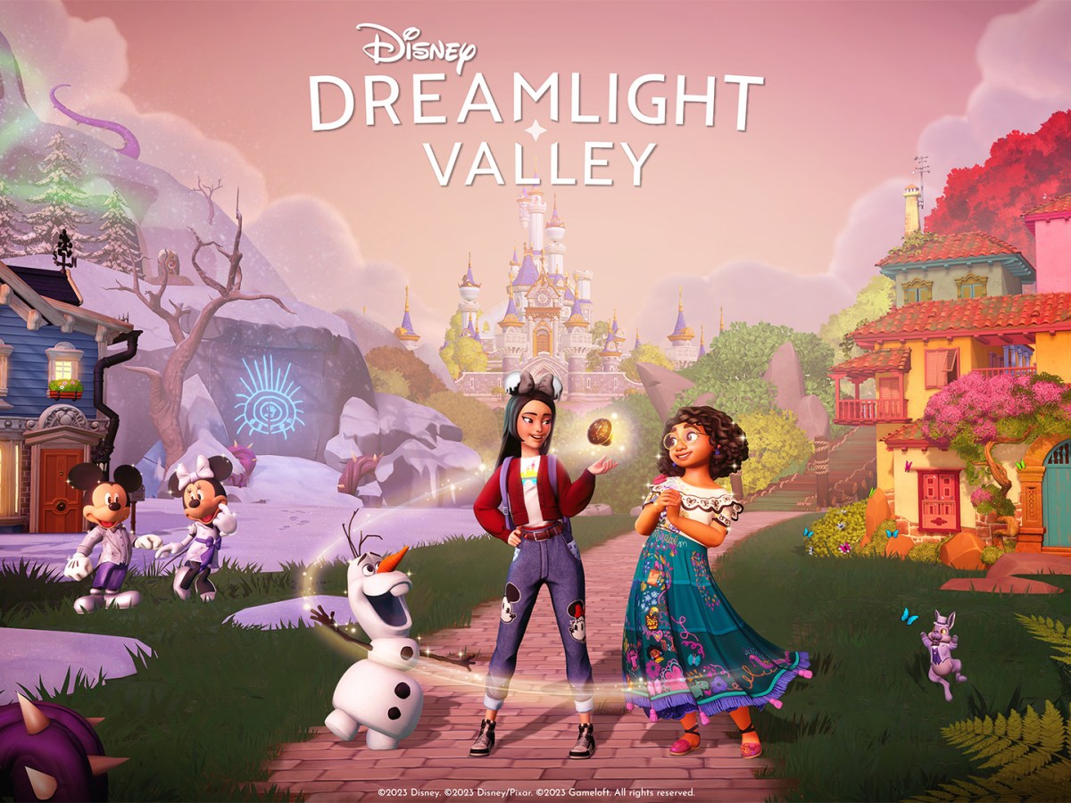 Bild zu Disney Dreamlight Valley mit Spieler*innencharakter Olaf, Mickey, Mini und Mirabel.