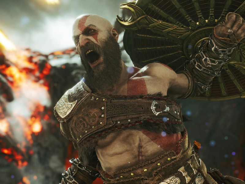 Screenshot aus God of War RagnarÃ¶k. Zu sehen ist Kratos, der gerade schreit.