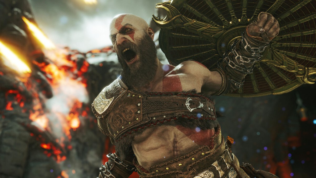 Screenshot aus God of War RagnarÃ¶k. Zu sehen ist Kratos, der gerade schreit.