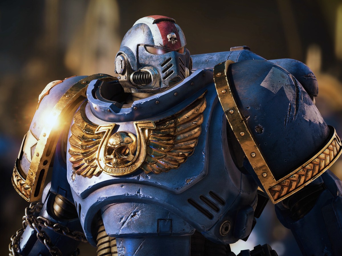 Screenshot aus Warhammer 40.000: Space Marine 2. Zu sehen ist ein Ultramarine in seiner kompletten RÃ¼stung.