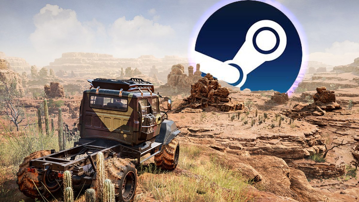 Screenshot aus Expeditions: A Mudrunner Game. Im Hintergrund sieht man das Steam Logo.