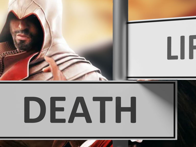 Eine Bildmontage, in deren Zentrum der Held Ezio Auditore da Firenze aus den Assassin's Creed-Spielen steht.