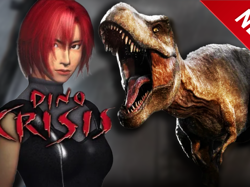 Bildmontage, in deren Zentrum zwei groÃŸe Frauen stehen: Die (menschliche) Heldin Regina aus Dino Crisis, die (tierische) Heldin Roberta Rex aus Jurassic Park & World.