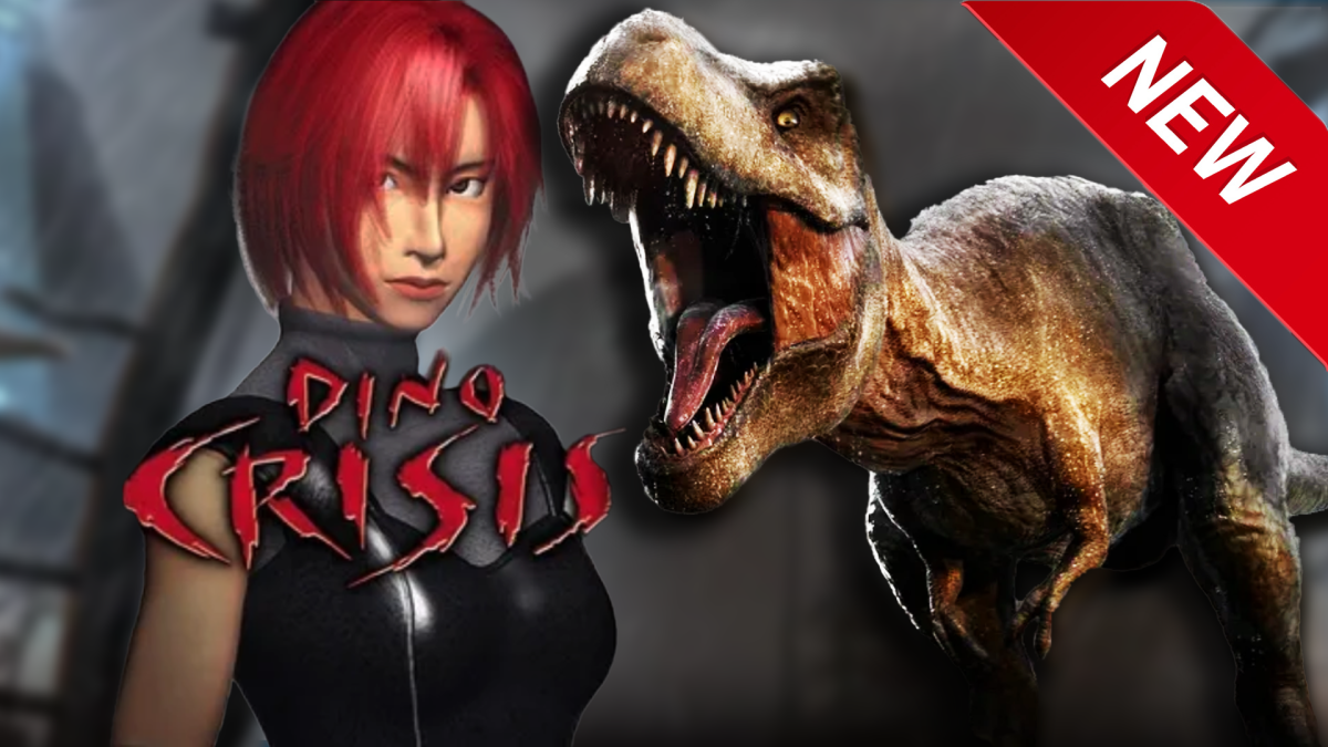 Bildmontage, in deren Zentrum zwei groÃŸe Frauen stehen: Die (menschliche) Heldin Regina aus Dino Crisis, die (tierische) Heldin Roberta Rex aus Jurassic Park & World.