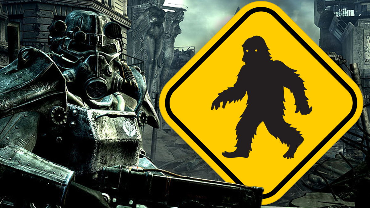 Eine Bildmontage, mit einem Mitglieder der Stählernen Bruderschaft im Power-Anzug - und einem Straßenschild mit Bigfoot darauf .