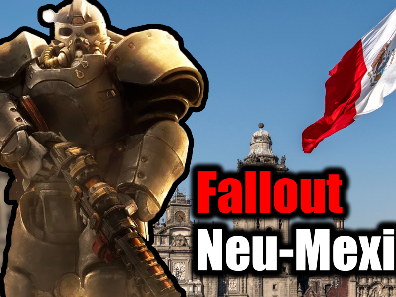 Bildmontage, in deren Zentrum ein Mitglied der StÃ¤hlernen Bruderschaft aus den Fallout-Rollenspielen steht, gekleidet im Power-Anzug.