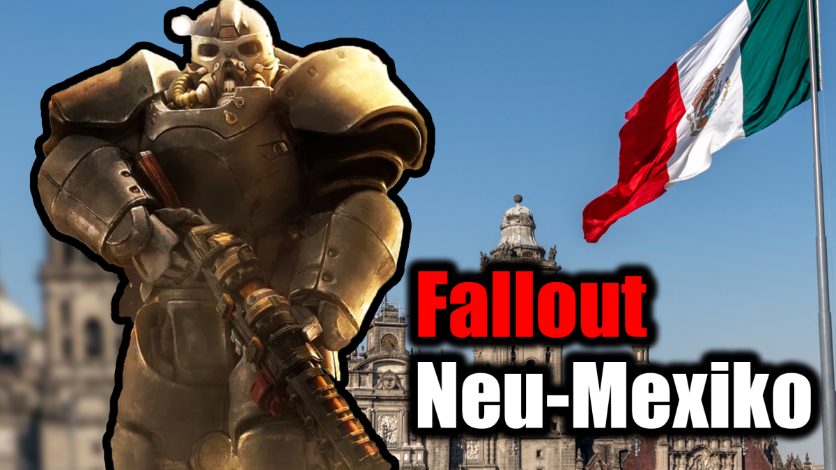 Bildmontage, in deren Zentrum ein Mitglied der StÃ¤hlernen Bruderschaft aus den Fallout-Rollenspielen steht, gekleidet im Power-Anzug.