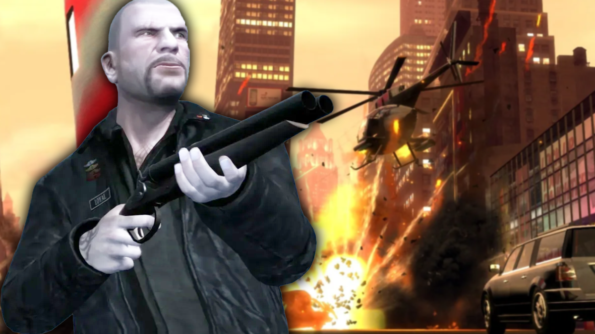 Eine Bildmontage, die einen mÃ¤nnlich gelesenen Charakter aus GTA 4 zeigt.