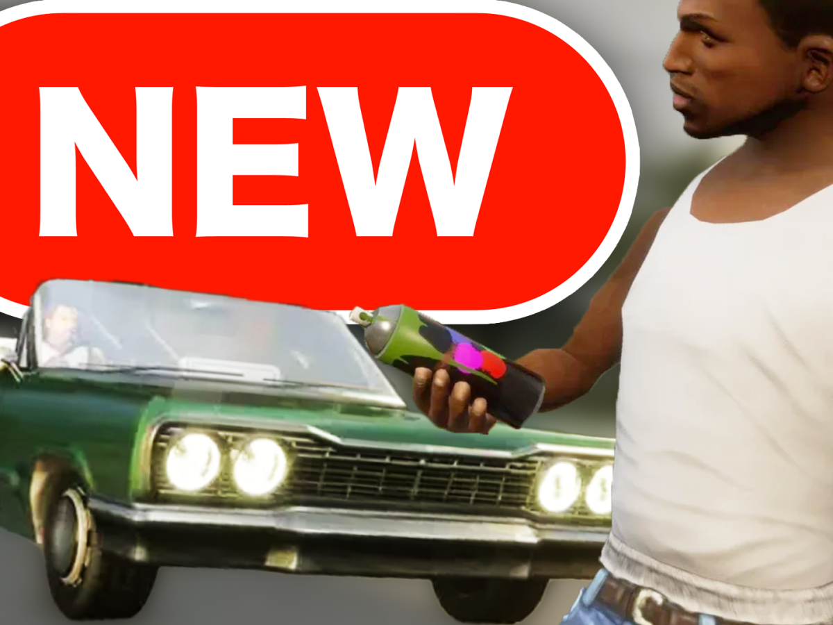 Eine Bildmontage, die Carl Johnson aus GTA San Andreas zeigt - zusammen mit einem PKW.