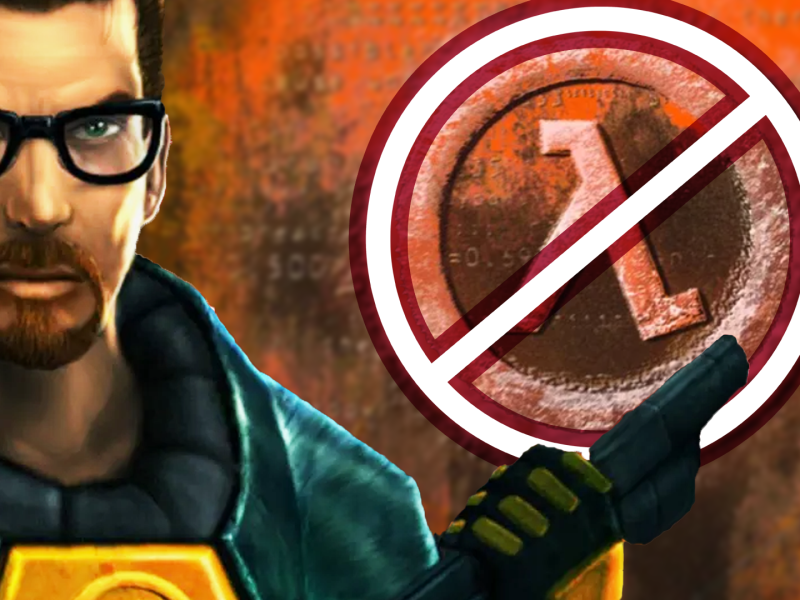 Bildmontage, in deren Fokus das durchgestrichene Lambda-Symbol und der Videospielheld Gordon Freeman aus Half-Life steht.